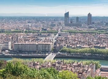 Lyon, aerial view, colorful houses, bridges and towers in the old center