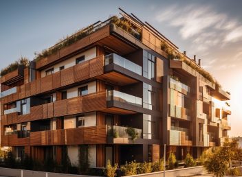 Luxury apartment building with glass facade reflects sunset generated by artificial intelligence